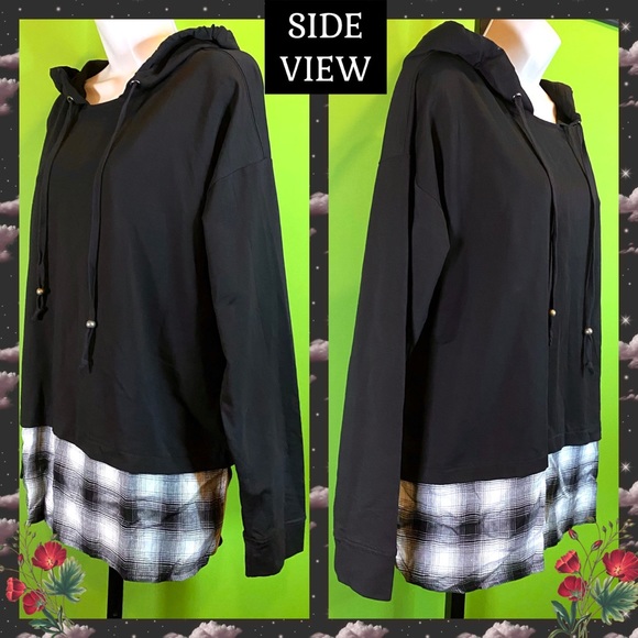 M  NWT BLACK & PLAID TRIM HOODIE/HOODED TUNIC COTTON POLYESTER BLEND - ANNABELLE - Picture 4 of 13